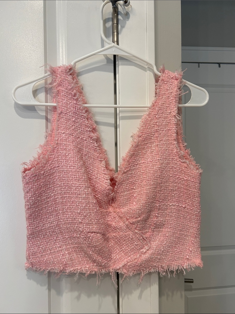 Zara Pink Frayed Tweed V-Neck Crop Tank